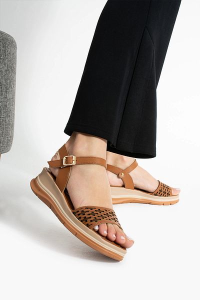 Ayax Tan Laser Patterned Single Strap Daily Women's Sandals