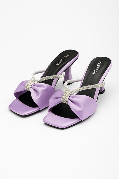 Elvessa Lilac Satin Shiny Stone Detailed 5 cm Thin Heeled Slippers Stylish Day and Night Invitation Evening Dress Shoes
