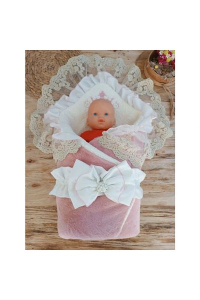 shopwave Newborn Wool Wool Fabric Crown Embroidered Guipure Veil Bow Prism Stone Unisex Swaddle Baby Blanket