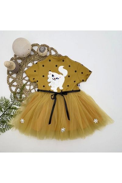 Skygo 1-2-3 Years Old Sequined Kitten Printed Polka Dot Baby Girl Dress