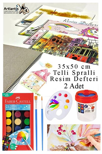 Artlantis 21 Renk Sulu Boya 35x50 cm Telli Spralli Resim Defteri Resim Paleti Resim Fırçası Temizleme Kabı Sul
