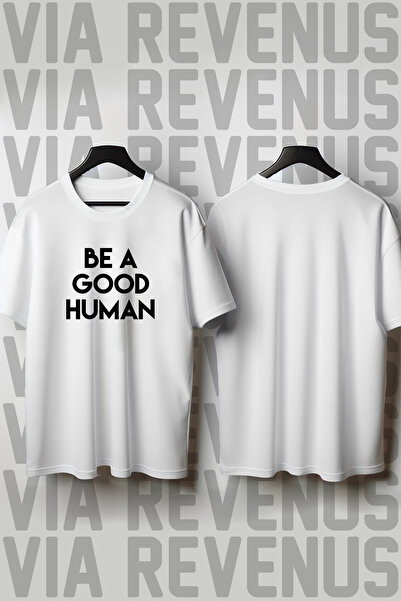 Vordevia Tricou unisex cu imprimeu Be A Good Human, guler rotund, croi larg, ...