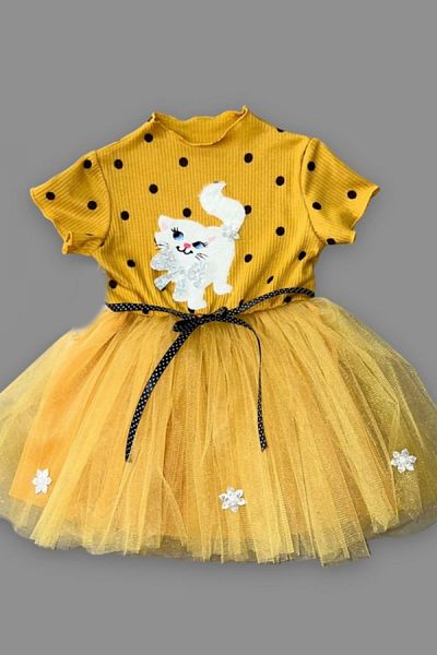 Skygo 1-2-3 Years Old Sequined Kitten Printed Polka Dot Baby Girl Dress