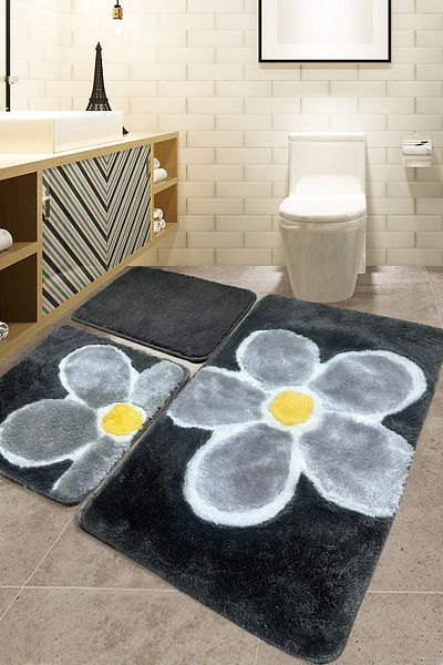 Chilai Home Flower Grey Σετ 3 τεμαχίων - Πατάκι τουαλέτας και μπάνιου, ακρυλικό χαλί