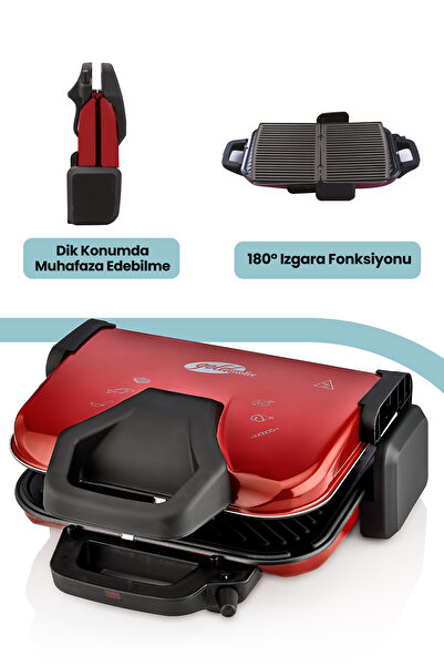GOLDMASTER Kumru Kırmızı 1800 Watt Granit Çıkarılabilir Plakalı 5 Kademe Isı Ayarlı Tost Ve Izgara Makinesi