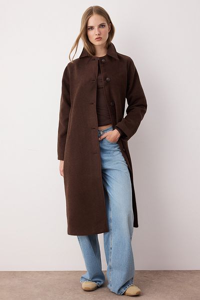 Trendyol Collection Brown Mono Closure Oversize Long Coat Twoaw26Kb00033