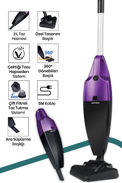 GOLDMASTER Vakum Mor 2 Lt Geniş Hazneli 800 Watt Yıkanabilir Filtreli 2 In 1 Dikey Ve Elde Elektrikli Süpürge