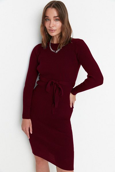 Trendyol Collection Rochie Midi Burgundy Tricotaj cu detaliu centură TWOAW22EL0009