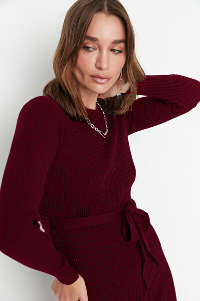 Trendyol Collection Burgundy Midi Knitwear Belt Detailed Dress Twoaw22El0009