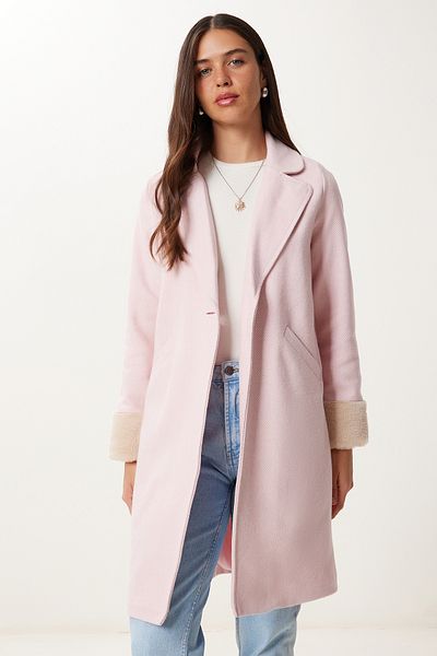 Happiness İstanbul Women's Candy Pink Double Breasted Collar Fur Cashmere Coat Dd01367