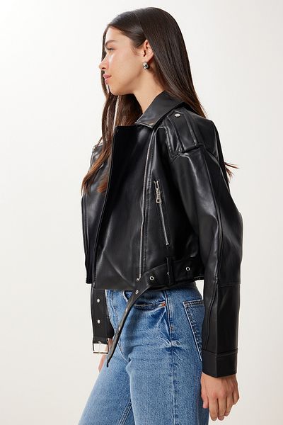 Happiness İstanbul Women's Black Belted Crop Faux Leather Jacket Gz00003