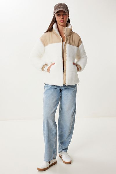 Happiness İstanbul Women's Ecru Beige Contrast Color Plush Coat Dd01377