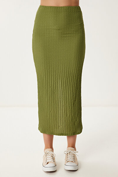 Happiness İstanbul Women's Khaki Textured Slit Flexible Knitted Skirt Zv00336