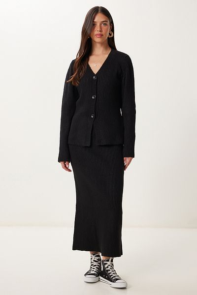 Happiness İstanbul Women's Black Cardigan Skirt Knitwear Set Yy00245