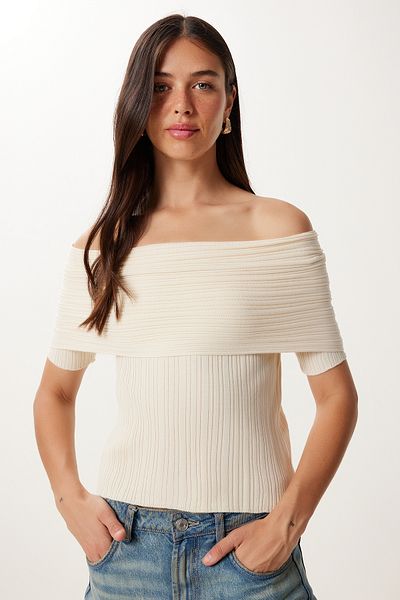 Happiness İstanbul Γυναικεία Κρέμα Πλεκτή Μπλούζα Carmen Collar MU00016
