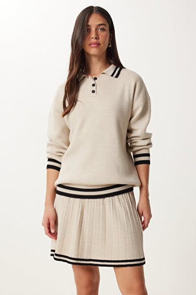 Happiness İstanbul Women's Stone Contrast Stripe Sweater Skirt Knitwear Set Ki̇00143
