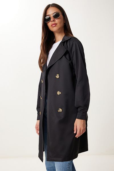 Happiness İstanbul Women's Black Double Breasted Collar Belted Seasonal Trench Coat Dd01374