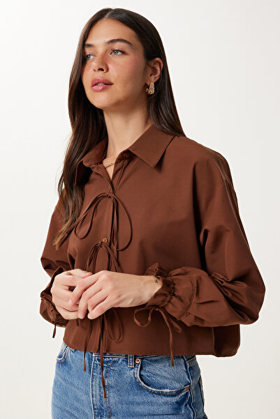 Happiness İstanbul Női barna fűzős részletes Crop szőtt ing BV00178