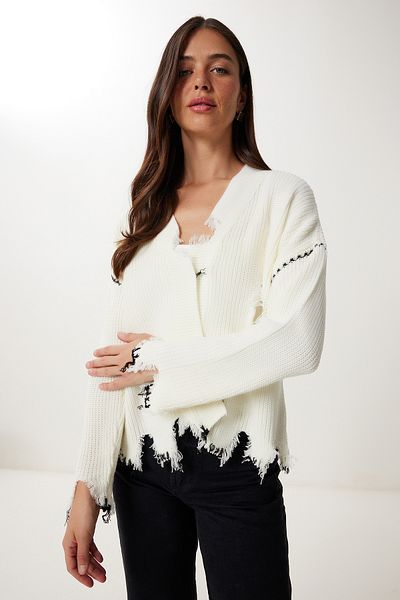 Happiness İstanbul Women's Bone Ripped Detailed Knitwear Cardigan Yy00254