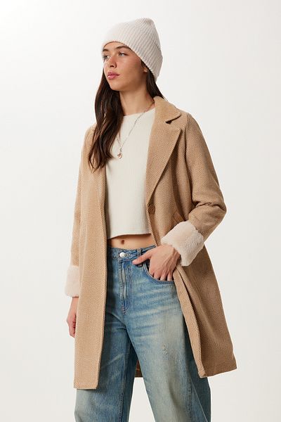 Happiness İstanbul Palton de damă Biscuit cu guler dublu din shearling DD01367