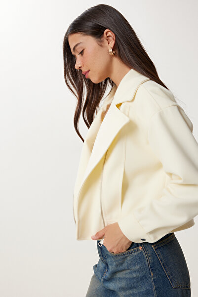 Happiness İstanbul Women's Cream Pocket Short Cashmere Jacket Dd01372