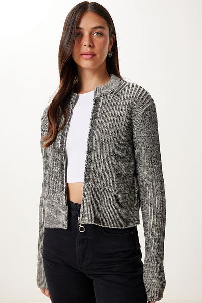 Happiness İstanbul Women's Ecru Black Stand Collar Zippered Knitwear Cardigan Yy00249