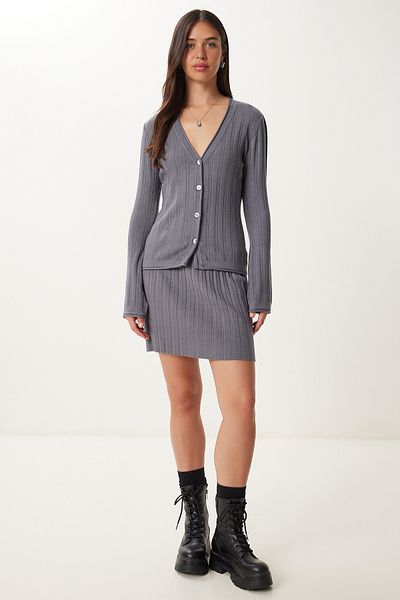 Happiness İstanbul Women's Gray Mini Knitwear Skirt Cardigan Set Yy00248