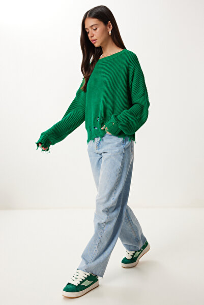 Happiness İstanbul Pulover de damă verde închis rupt cu detalii oversize ki00098