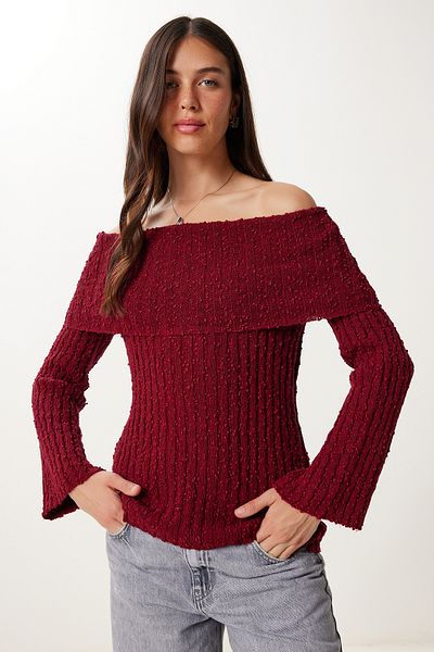 Happiness İstanbul Women's Burgundy Carmen Collar Textured Knitwear Sweater Yy00252