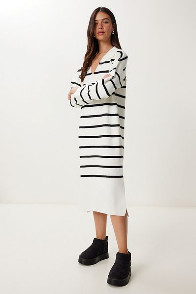 Happiness İstanbul Women's Ecru Black Striped Slit Midi Knitwear Dress Yy00253