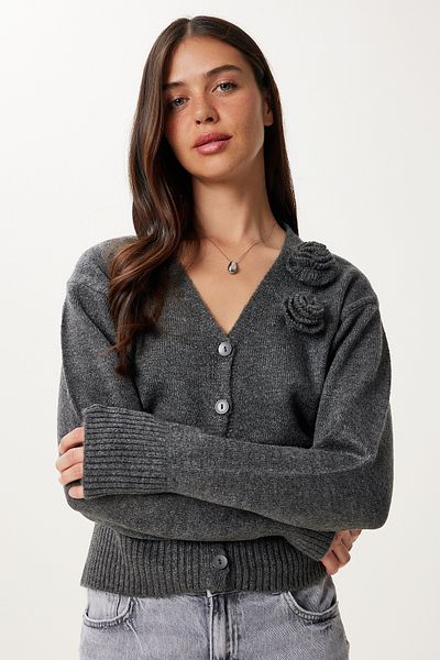 Happiness İstanbul Women's Anthracite Flower Detailed Knitwear Cardigan Yy00250