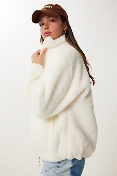 Happiness İstanbul Dámský vyšívaný plyšový kabát s kostěnou výšivkou DD01369