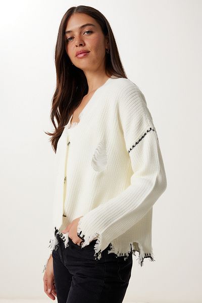 Happiness İstanbul Women's Bone Ripped Detailed Knitwear Cardigan Yy00254
