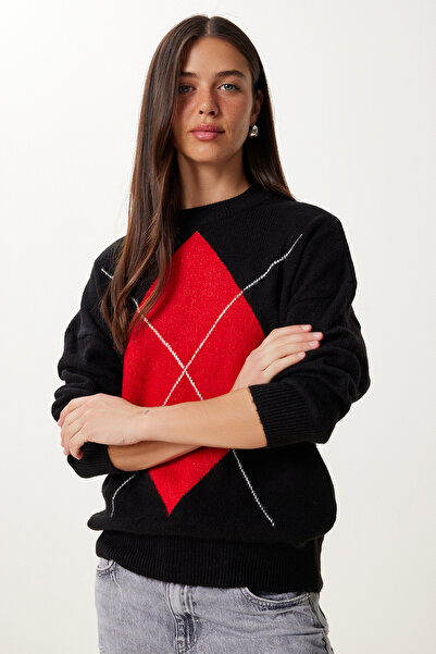 Happiness İstanbul Pulover de damă negru roșu cu model Baklava DD01366