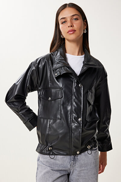 Happiness İstanbul Γυναικείο Μαύρο Μπουφάν από συνθετικό δέρμα με φαρδιά τσέπη GZ00004