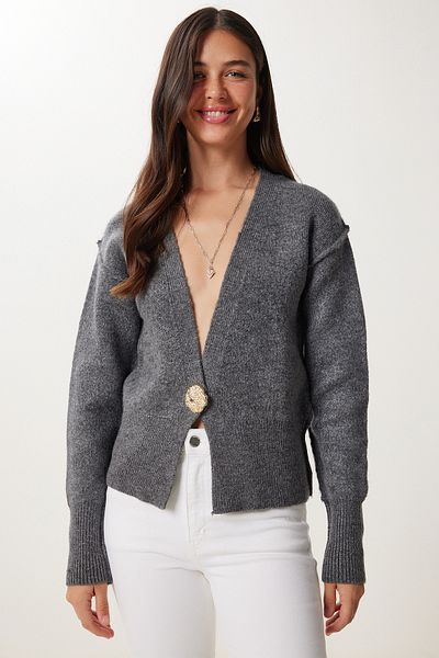 Happiness İstanbul Women's Anthracite Stylish Buttoned Knitwear Cardigan Ki̇00131