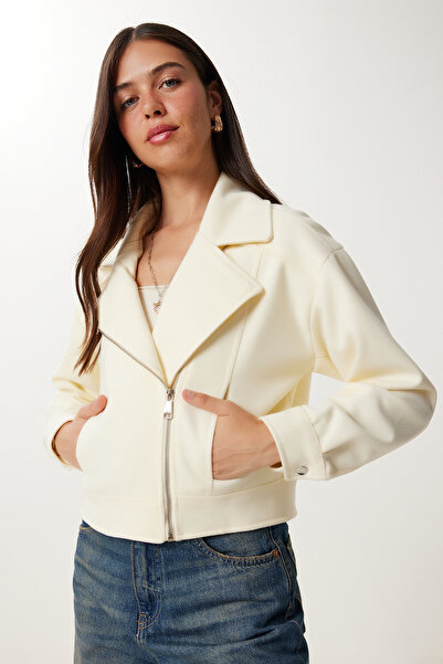 Happiness İstanbul Women's Cream Pocket Short Cashmere Jacket Dd01372