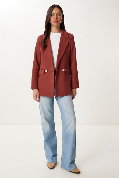 Happiness İstanbul Γυναικείο παλτό με κουμπιά Tweed Blazer με επένδυση από πλακάκια XL00005