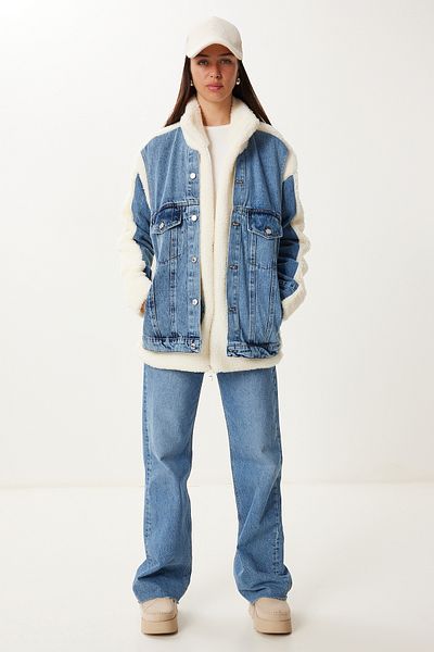 Happiness İstanbul Jachetă de pluș cu detalii din denim albastru os pentru femei DD01368
