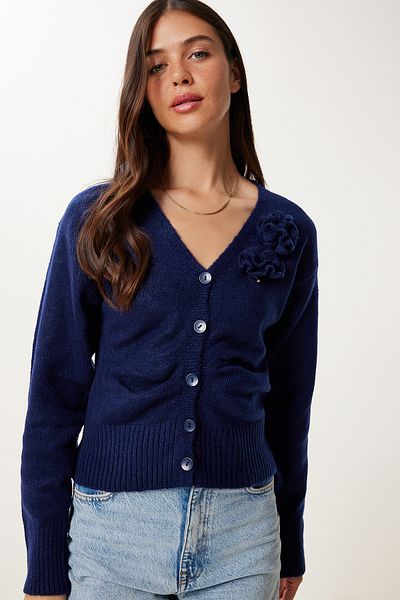 Happiness İstanbul Women's Navy Blue Floral Detailed Knitwear Cardigan Yy00250