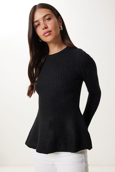 Happiness İstanbul Pulover de damă negru cu volan YY00256