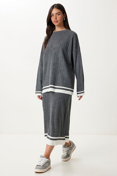 Happiness İstanbul Women's Anthracite Contrast Color Sweater Skirt Knitwear Set Yy00246