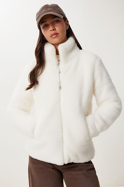 Happiness İstanbul Women's Ecru Soft Textured Plush Coat Dd01370