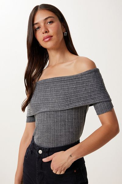 Happiness İstanbul Γυναικεία Πλεκτή Μπλούζα Anthracite Carmen Collar MU00016