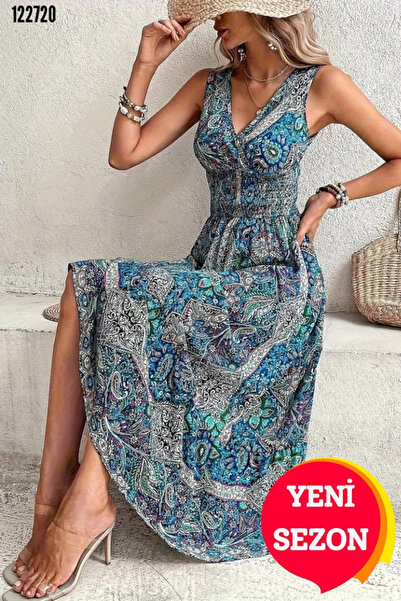 JANES Kadın Beli Gipeli Etnik Desenli Yazlık Elbise