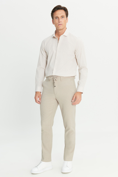AC&Co / Altınyıldız Classics Men's Beige Slim Fit Slim Fit Casual Jogger Trousers with Tie Waist and Striped Side Pockets