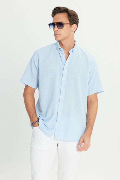 AC&Co / Altınyıldız Classics Men's Light Blue Linen Look 100% Cotton Dobby Button Collar Shirt Comfort Fit Relaxed Fit