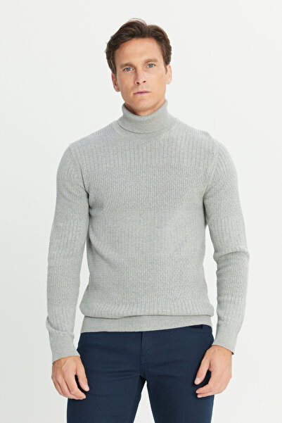 AC&Co / Altınyıldız Classics Men's Gray Melange Standard Fit Regular Cut Full Turtleneck Cotton Jacquard Knitwear Sweater