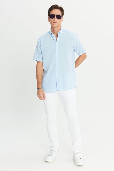 AC&Co / Altınyıldız Classics Men's Light Blue Linen Look 100% Cotton Dobby Button Collar Shirt Comfort Fit Relaxed Fit