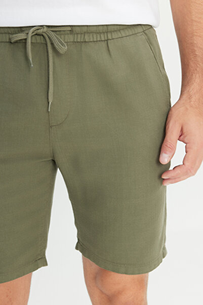 AC&Co / Altınyıldız Classics Erkek Haki %100 Pamuk Comfort Fit Beli Bağlamalı Flamlı Yan Cep Şort